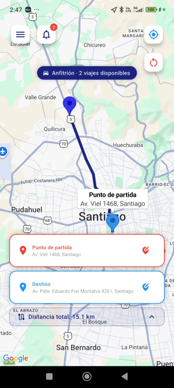 Mapa con la ruta habitual del Anfitrión en la app DEDUX